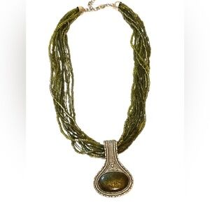 green peridot seed bead multi-strand necklace silver western
